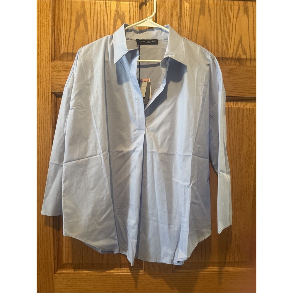 Maternity Blouse Light Blue V Neck Collared Small Cotton Pietro Brunelli Midland